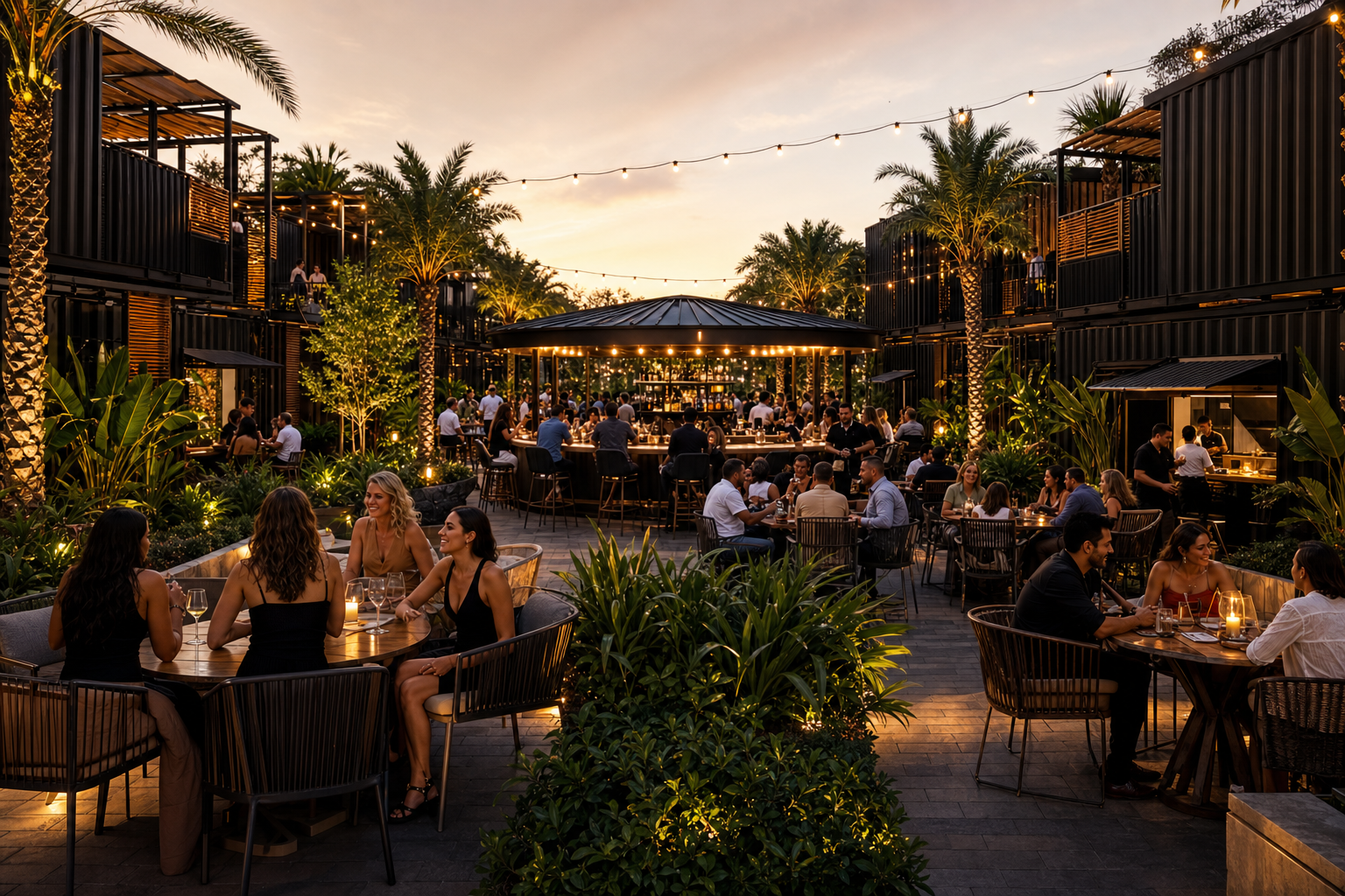 Courtyard reveal — string lights, dining, Mirage Pour glow