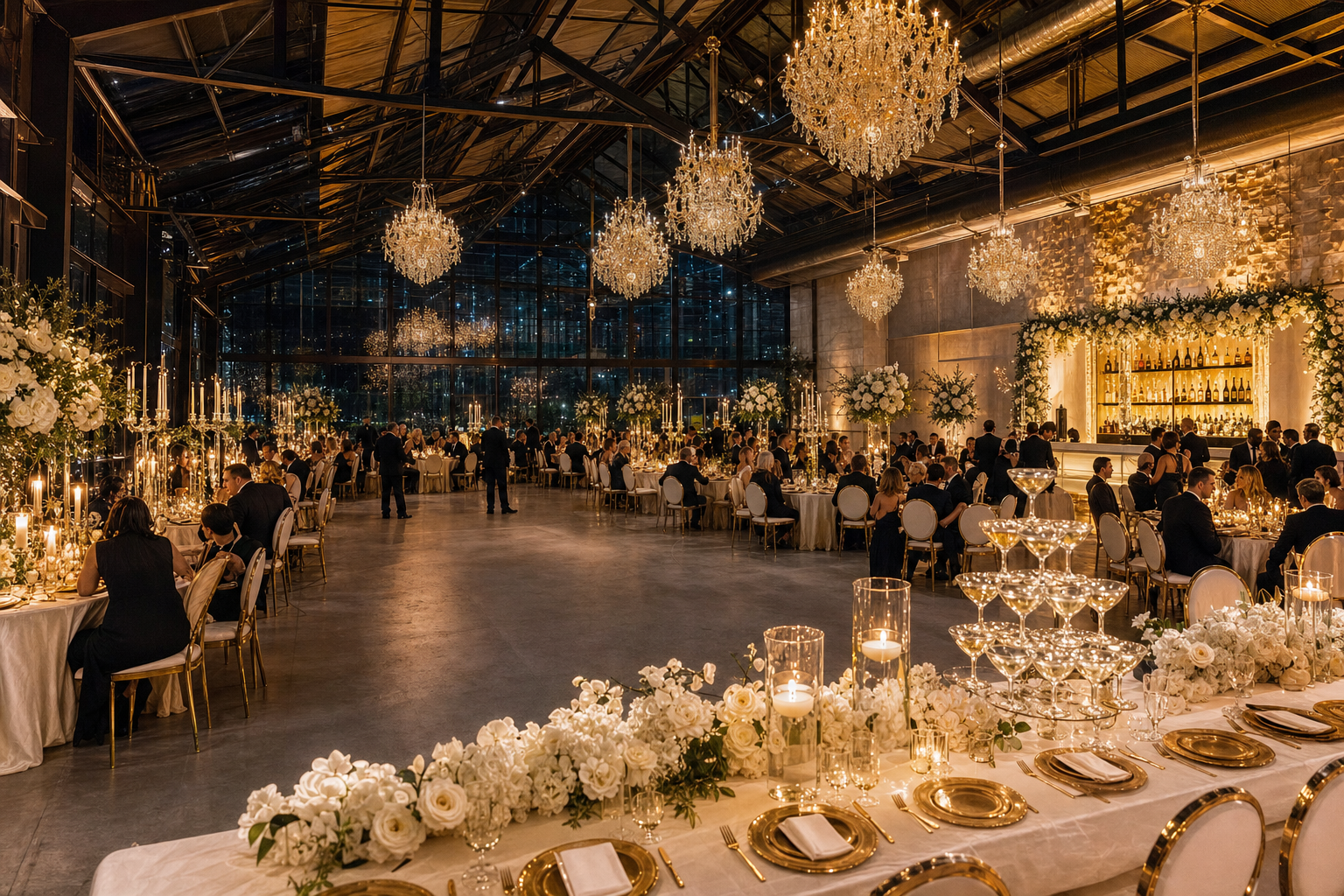 Mirage Hall reception hall — ivory linens, gold chargers, centerpieces, chandeliers, open dance floor