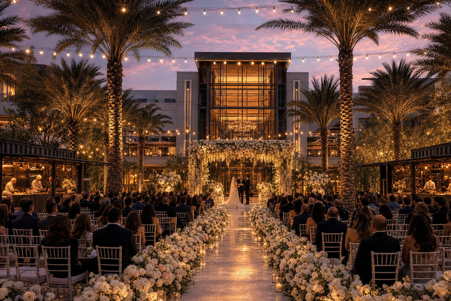 Courtyard wedding ceremony at Mirage District — floral aisle, chiavari chairs, string lights, Mirage Hall glowing beyond
