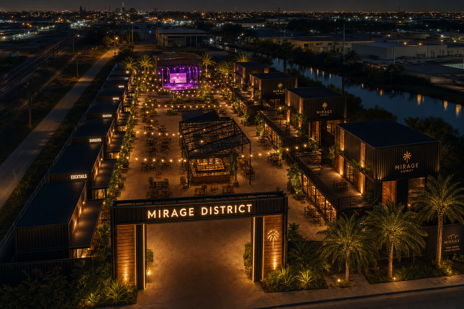 Evening courtyard lighting for wedding guests
