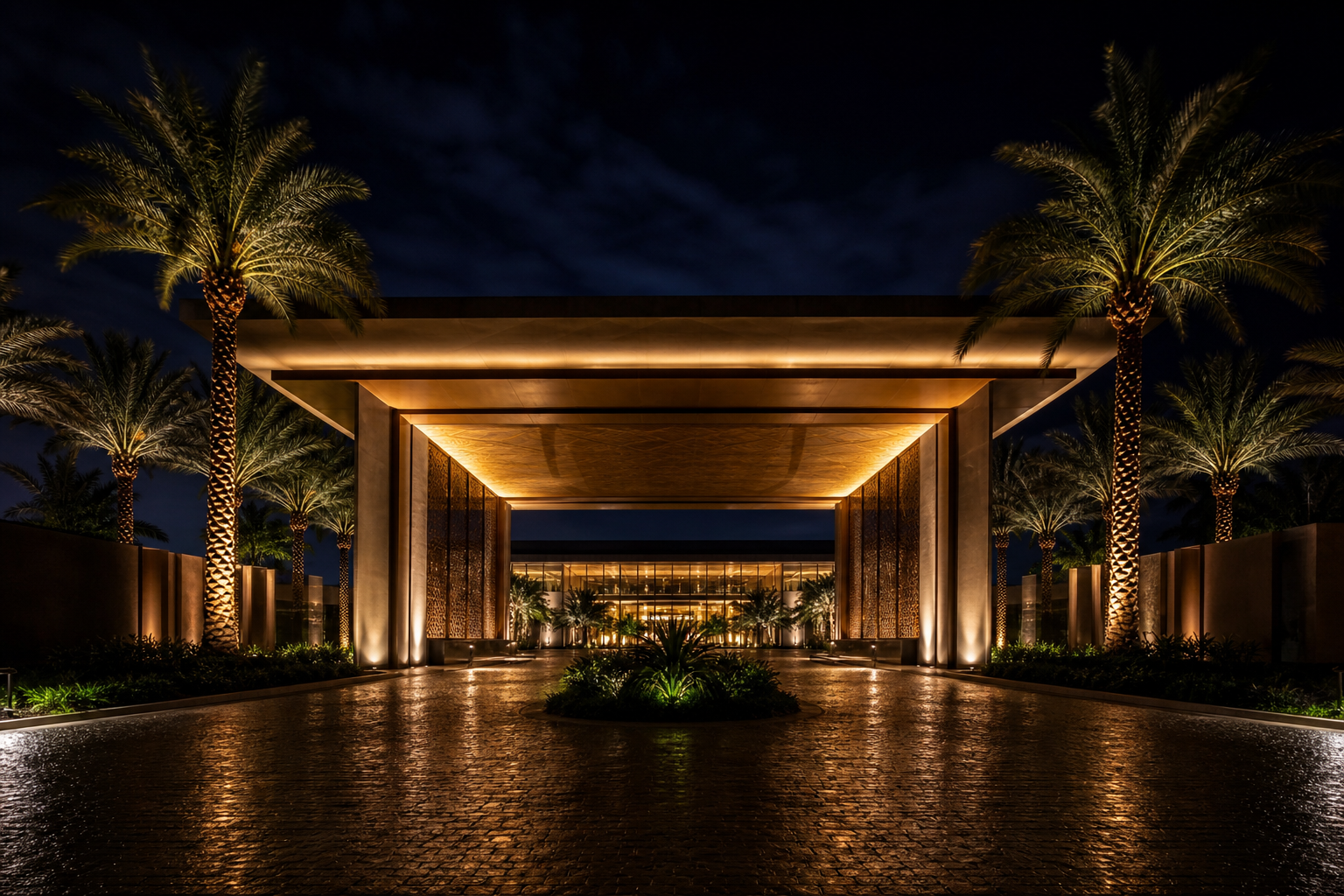 Evening entrance for wedding guests at Mirage District