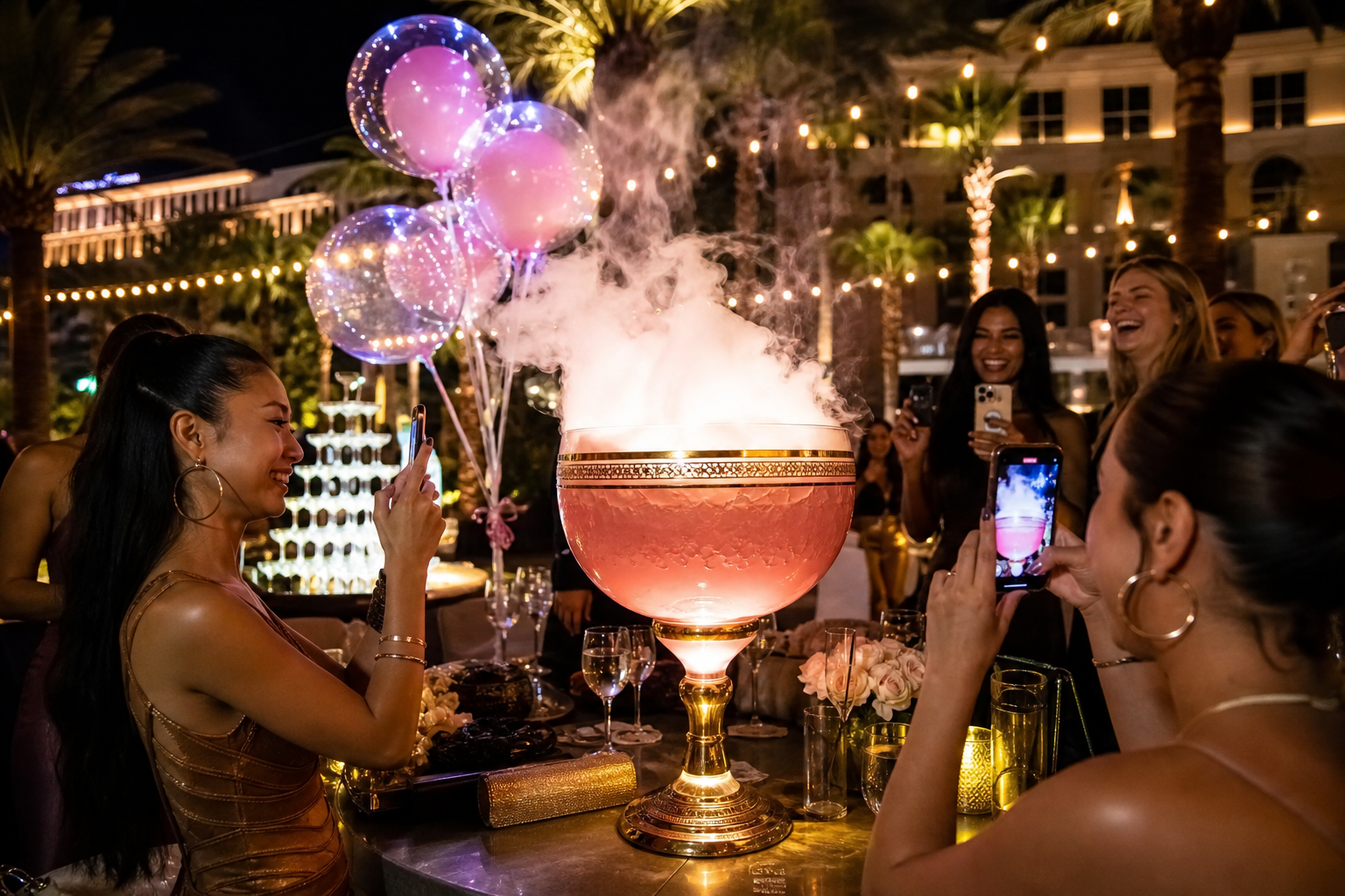 Birthday squad filming smoking goblet at Mirage Pour courtyard