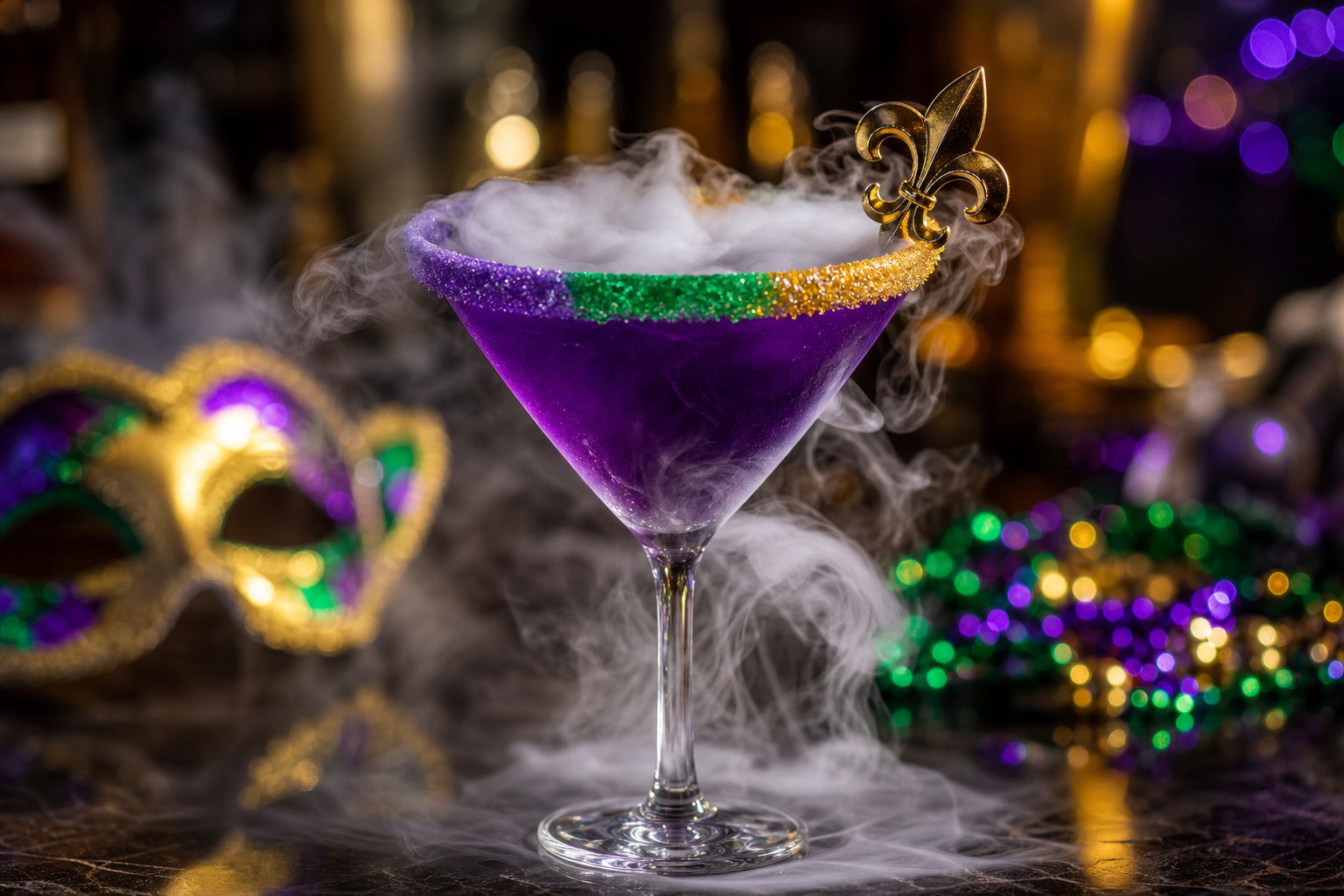 King Cake martini — purple green gold rim, Louisiana show pour