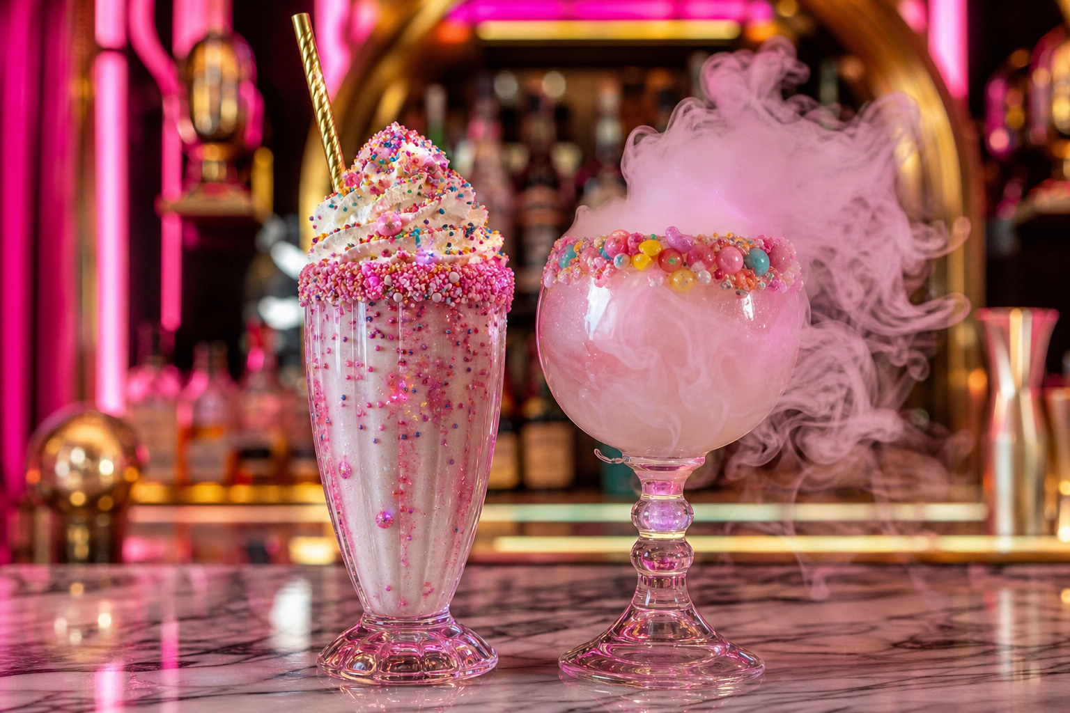 Sparkle milkshake and candy-rim goblet — Sugar Factory class energy
